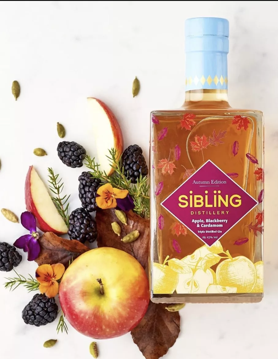 Bottle of Sibling Apple, Blackberry and Cardamom gin surrounded by fresh ingredients and botanicals