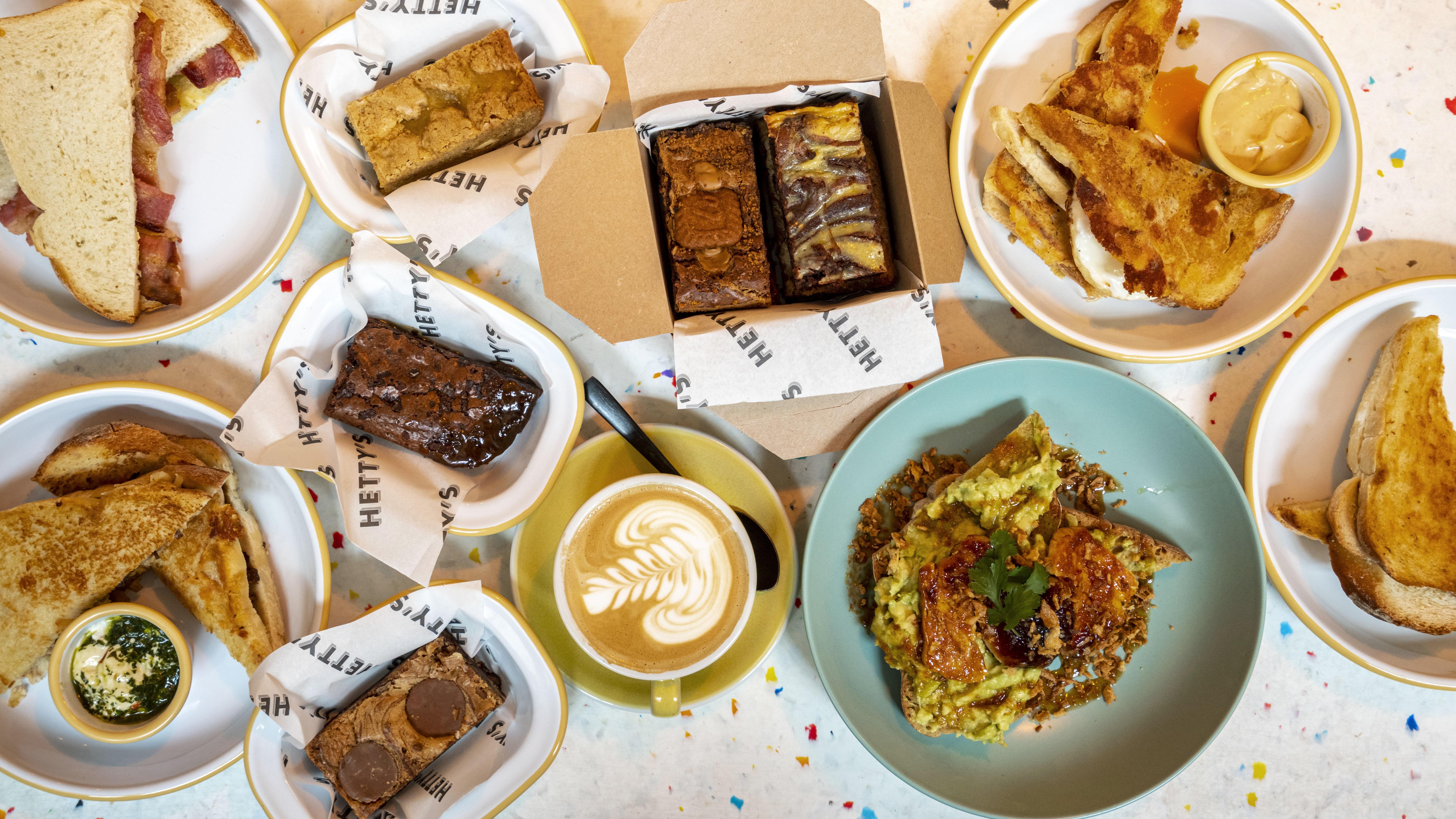 A collection of Hetty's treats from brownies to breakfast and coffees.