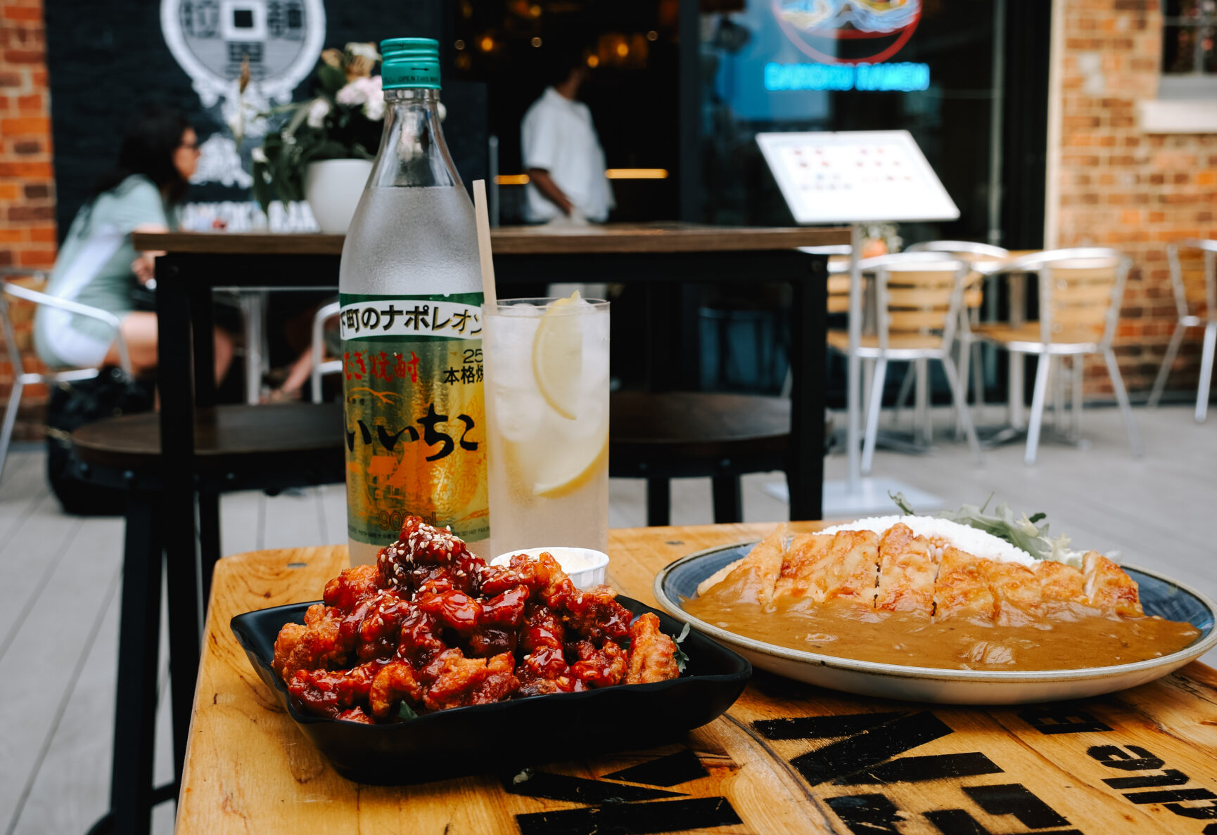 Lunch dishes outside Daikoku Ramen on the Gloucester Food Dock deck.