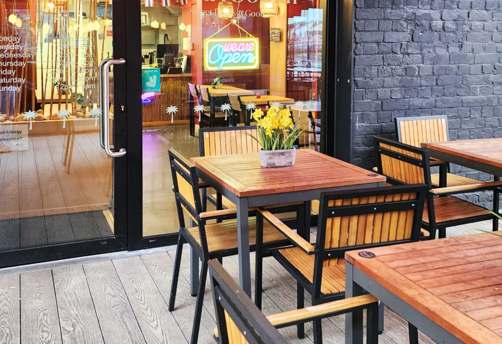 Outdoor seating at BKK Social on the Food Dock Deck.