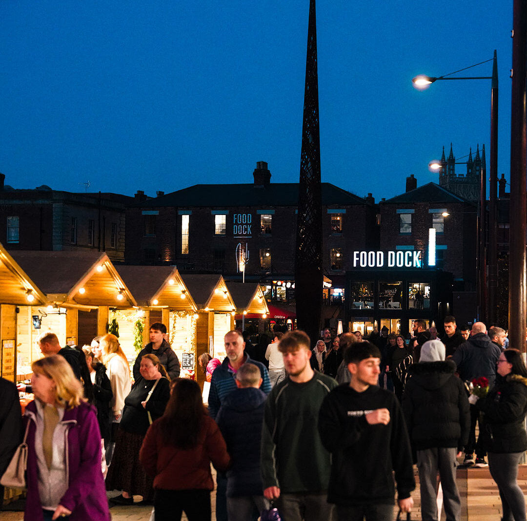 A view of the Food Dock in the evening from the Christmas Market in the Docks.