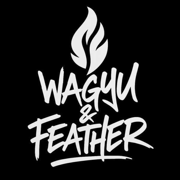 The Wagyu & Feather logo. Capitalised, white, urban/script text on a black background.