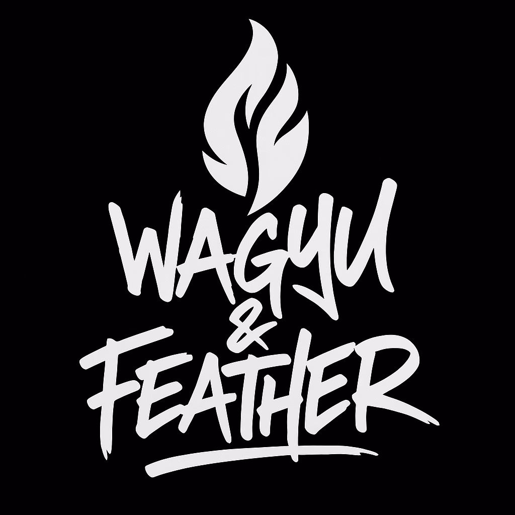 The Wagyu & Feather logo. Capitalised, white, urban/script text on a black background.