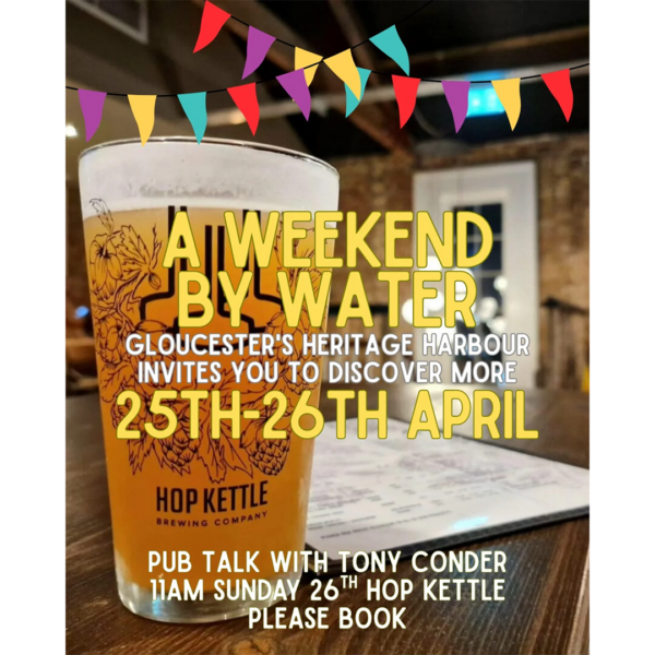 Event poster for Weekend By Water Pub Talk with Tpny. Pint of Hop Kettle beer on a long table.