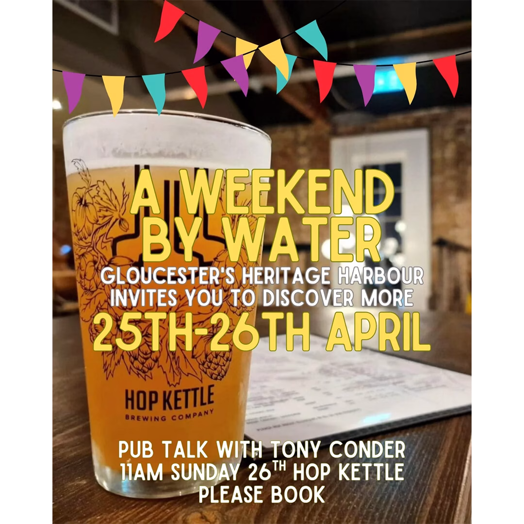 Event poster for Weekend By Water Pub Talk with Tpny. Pint of Hop Kettle beer on a long table.