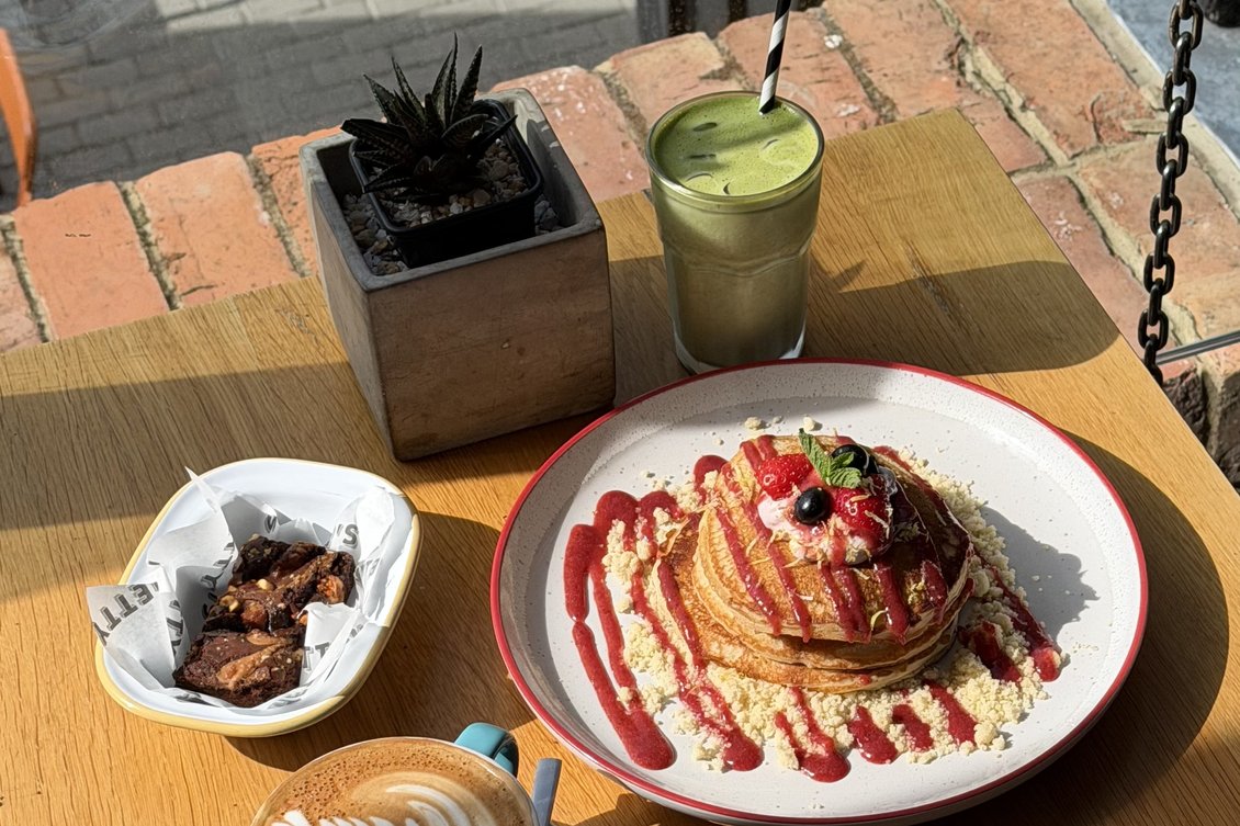 Berry pancakes, matcha and coffee at Hetty's Place brunch cafe, Gloucester Food Dock